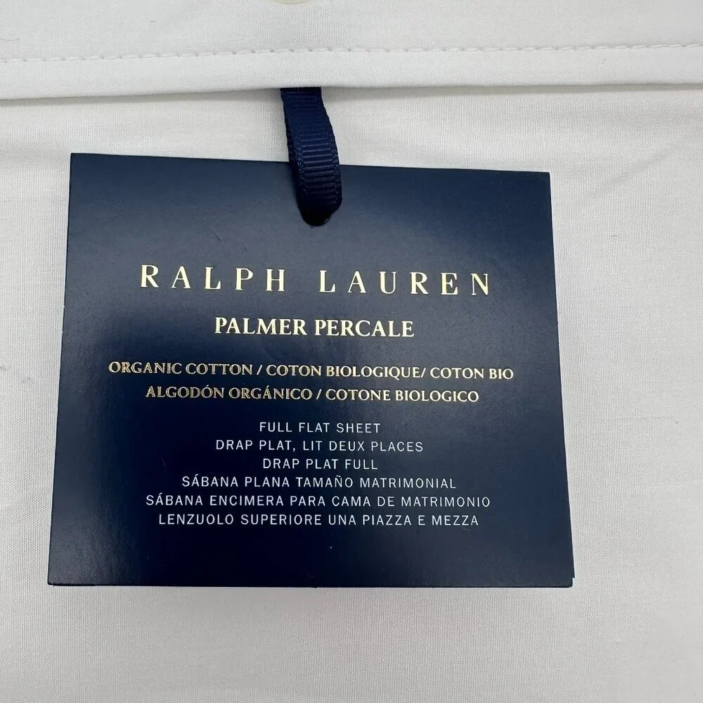 Ralph Lauren Organic Cotton Palmer Percale Full Size Flat Sheet, White/Sand Dune